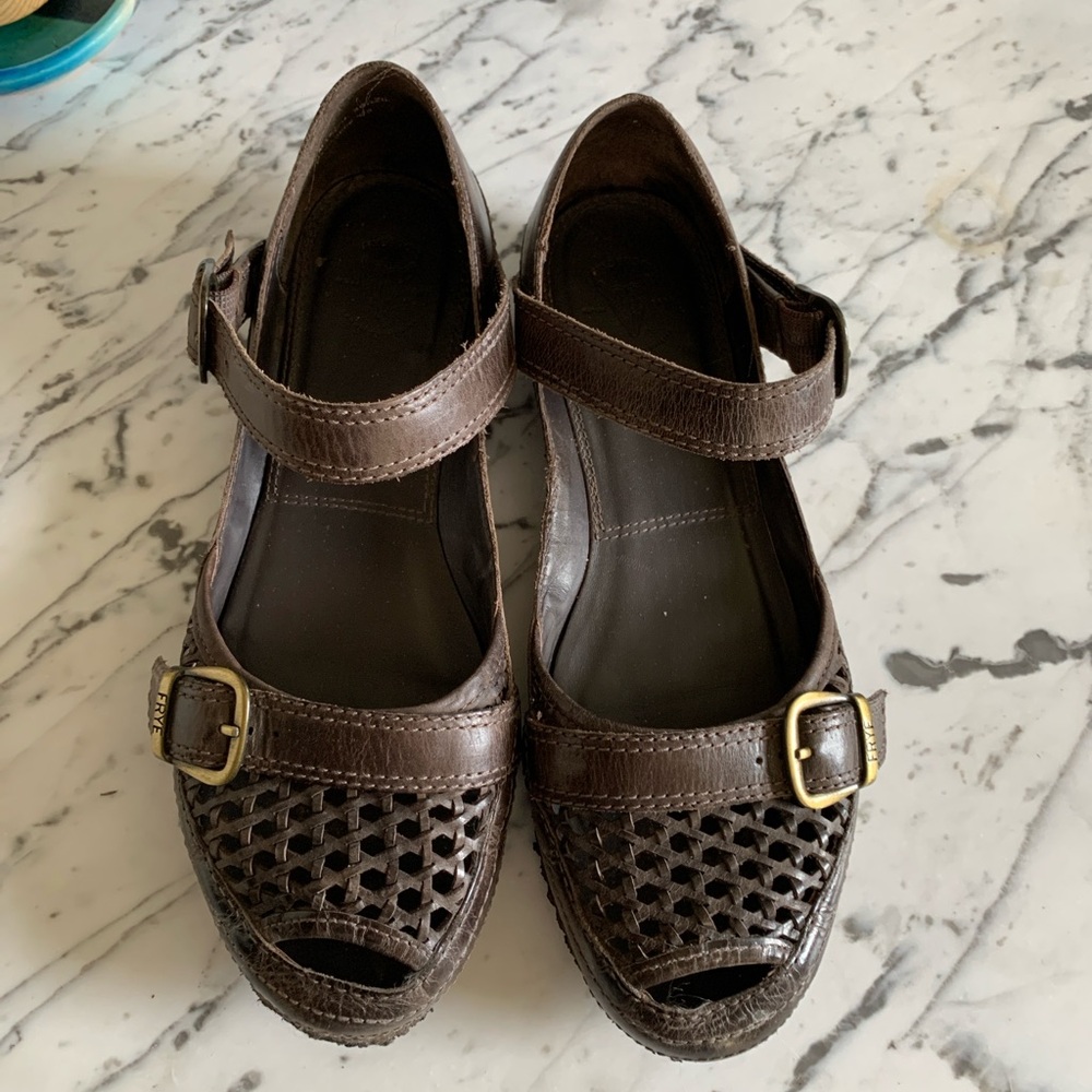 Frye Brown Woven Leather Mary Jane Shoes 7